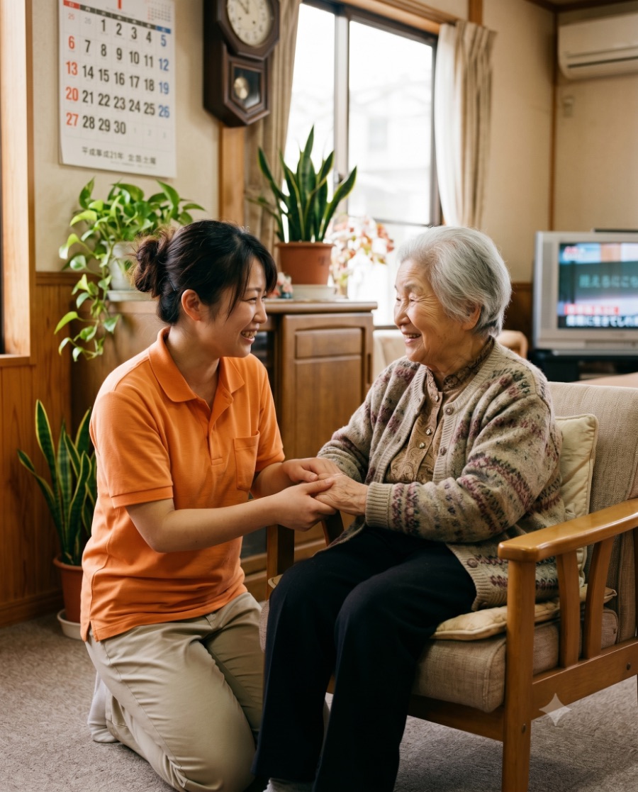 利用者さんと笑顔で手を取り合う太陽介護のスタッフ
