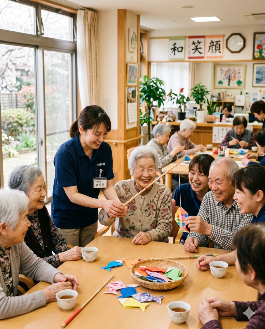 太陽デイサービス燦燦で利用者さんとスタッフが笑顔でレクリエーションを楽しむ様子