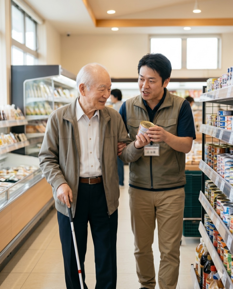 スーパーでの買い物を支援するスタッフと白杖を持つ利用者さん