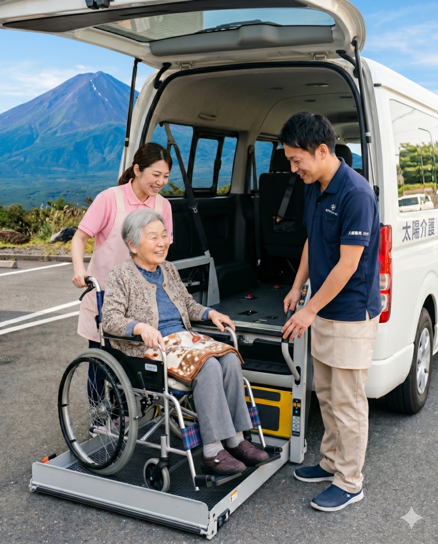 リフト付き福祉車両で車椅子の利用者さんを移送するスタッフ