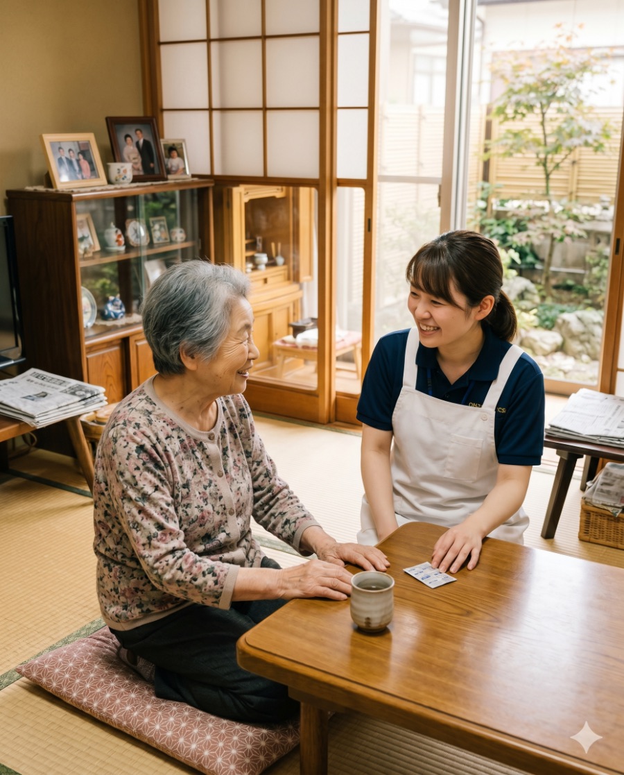 訪問介護スタッフがご自宅で利用者さんと笑顔で話す様子