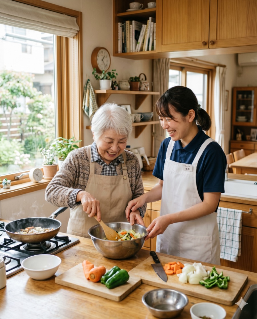訪問介護スタッフがご自宅で利用者さんと一緒に調理する様子