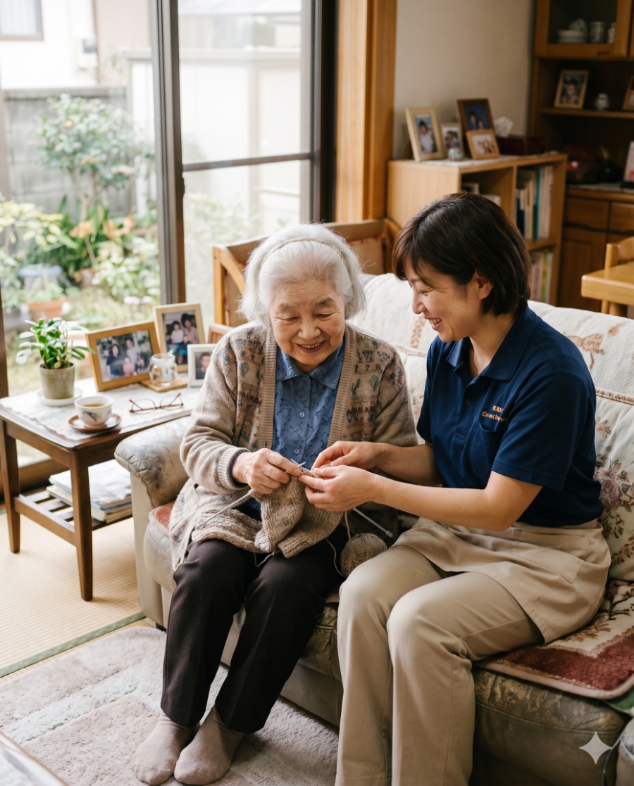 訪問介護スタッフがご自宅で利用者さんの趣味に寄り添い笑顔で過ごす様子