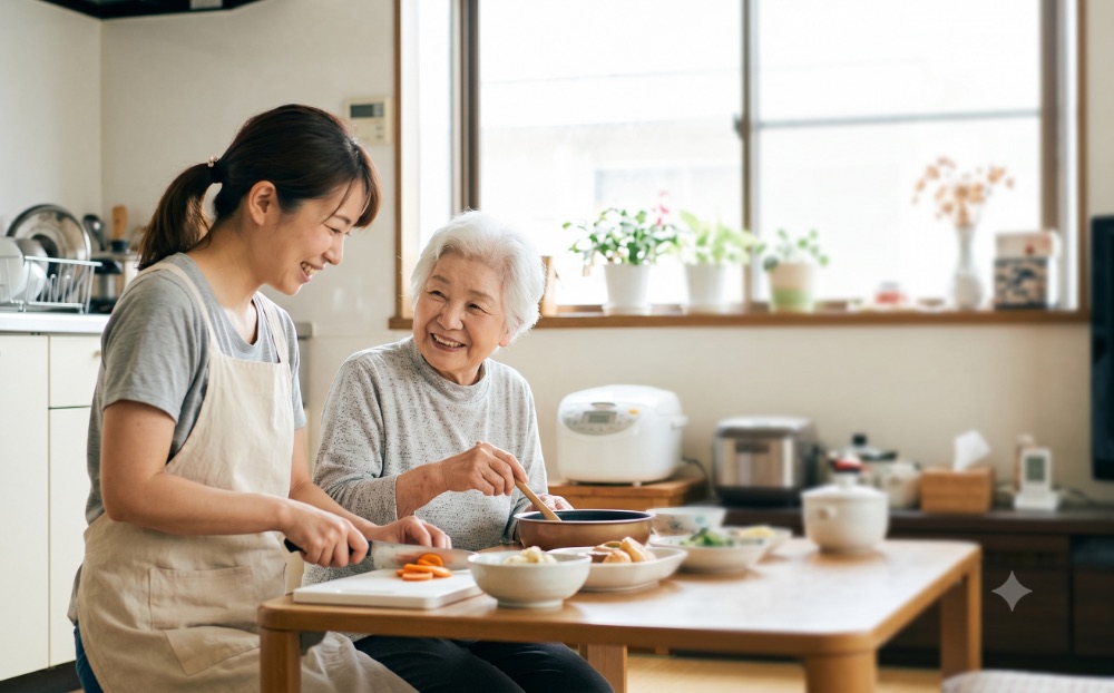 訪問介護で利用者さんと一緒に料理をする太陽介護のスタッフ