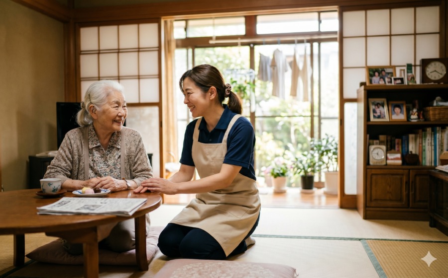 和室で利用者さんに寄り添い笑顔で話す訪問介護スタッフ
