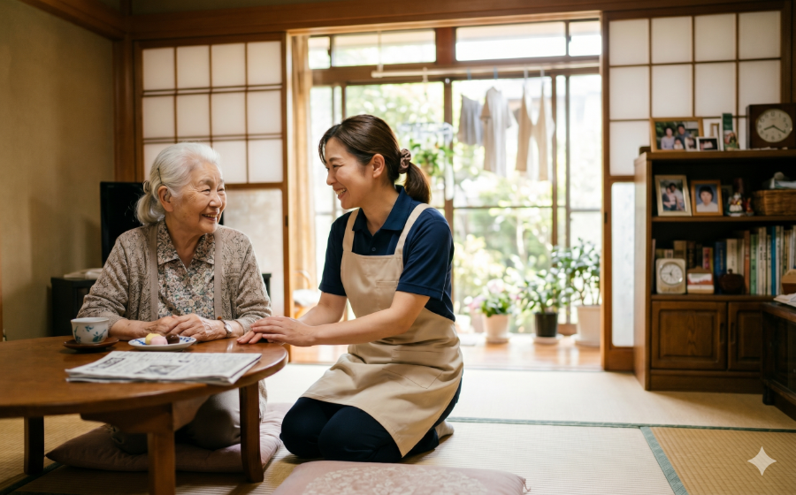 和室で利用者さんに寄り添い笑顔で話す訪問介護スタッフ
