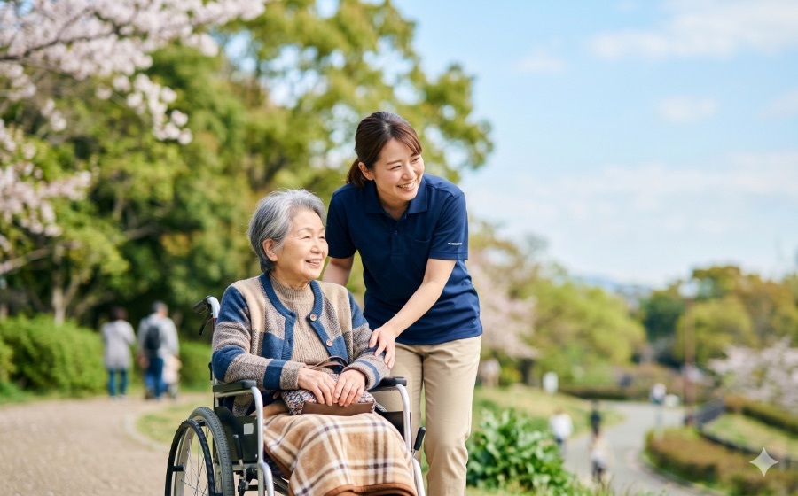 桜の咲く公園で車椅子の利用者さんの外出に付き添う太陽介護のスタッフ